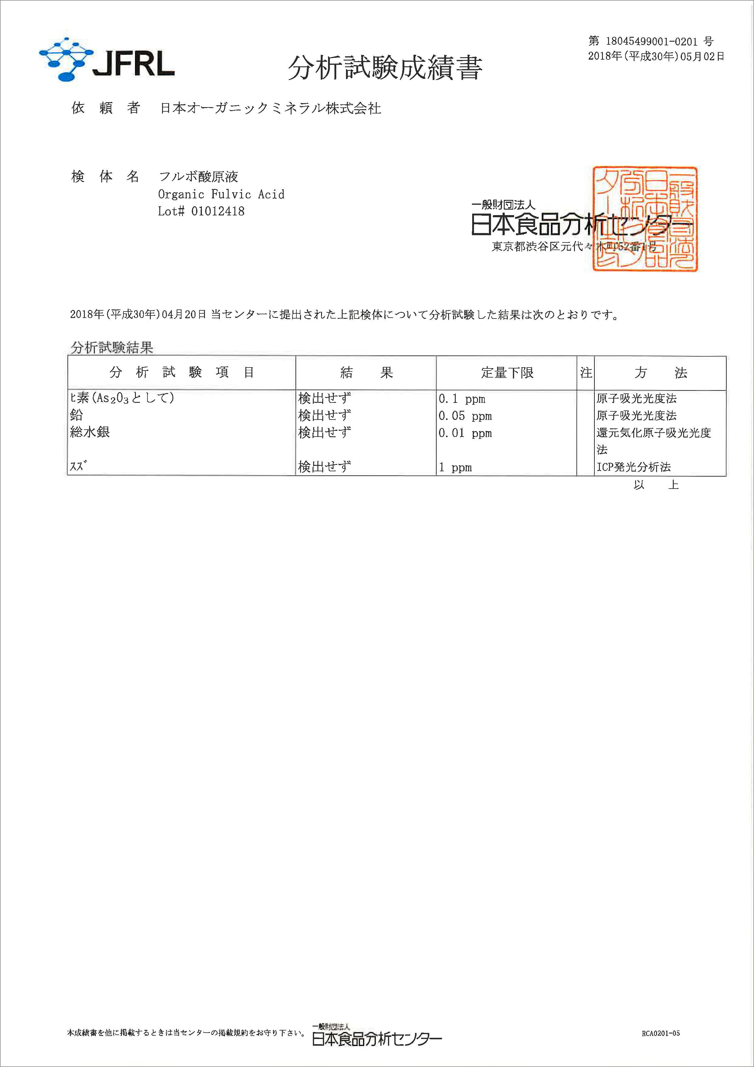 「フルボ酸」の重金属検査